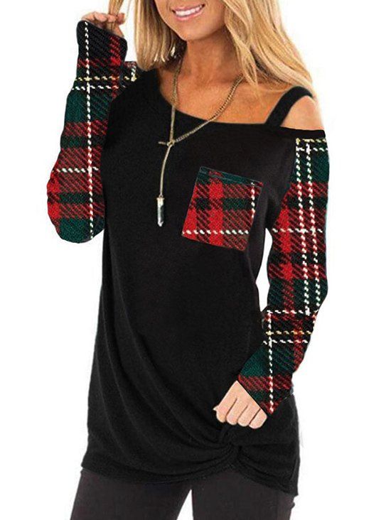 

Skew Neck Contrast Long Sleeves Pocket Knitwear, Red