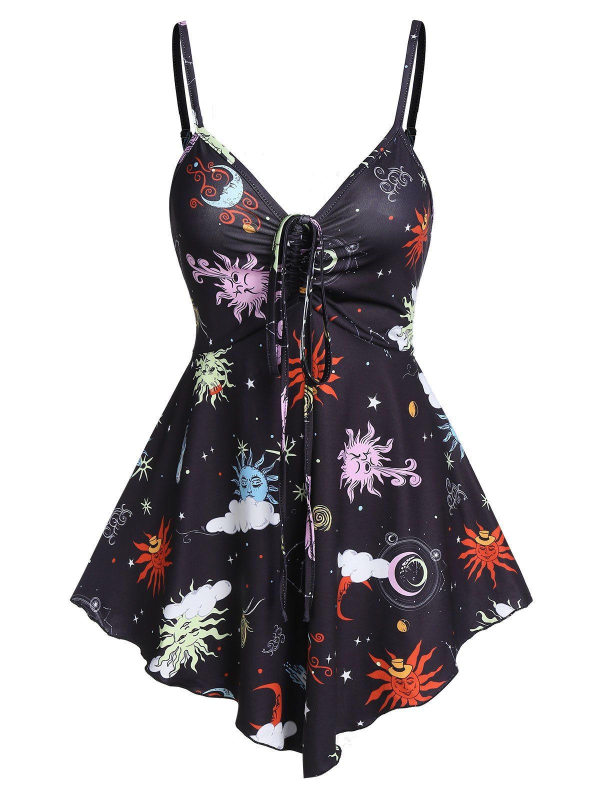 

Sun Moon Print Front Cinched Cami Top, Black
