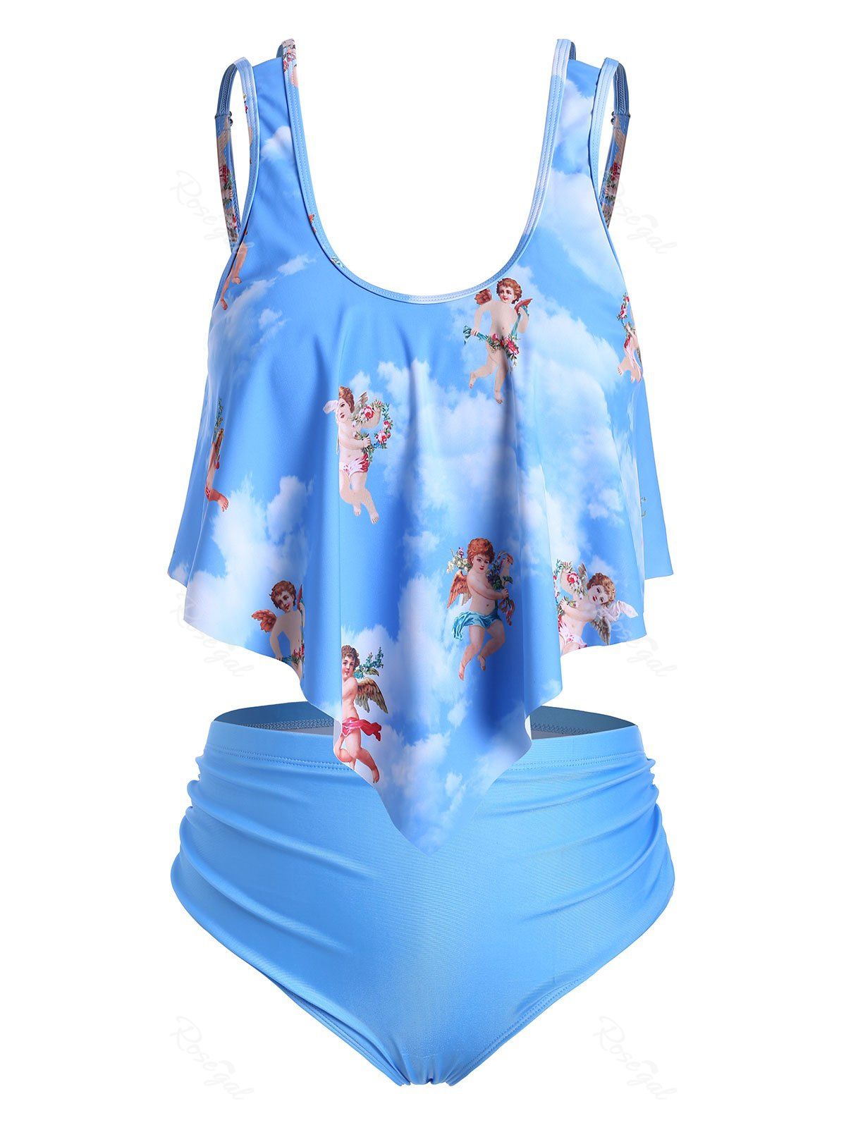 Cheap Plus Size Angel Cherub Print High Rise Tankini Swimsuit  