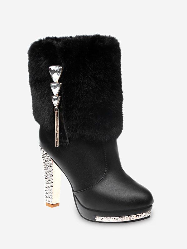 

Triangle Rhinestone Faux Fur High Heel Boots, Black