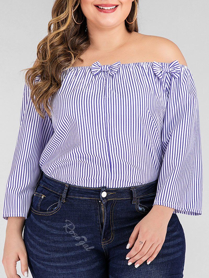 

Bowknot Off Shoulder Stripes Plus Size Blouse, Cornflower blue