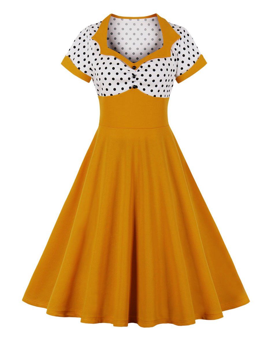 

Sweetheart Neck Polka Dot Cuffed Vintage Dress, Golden brown