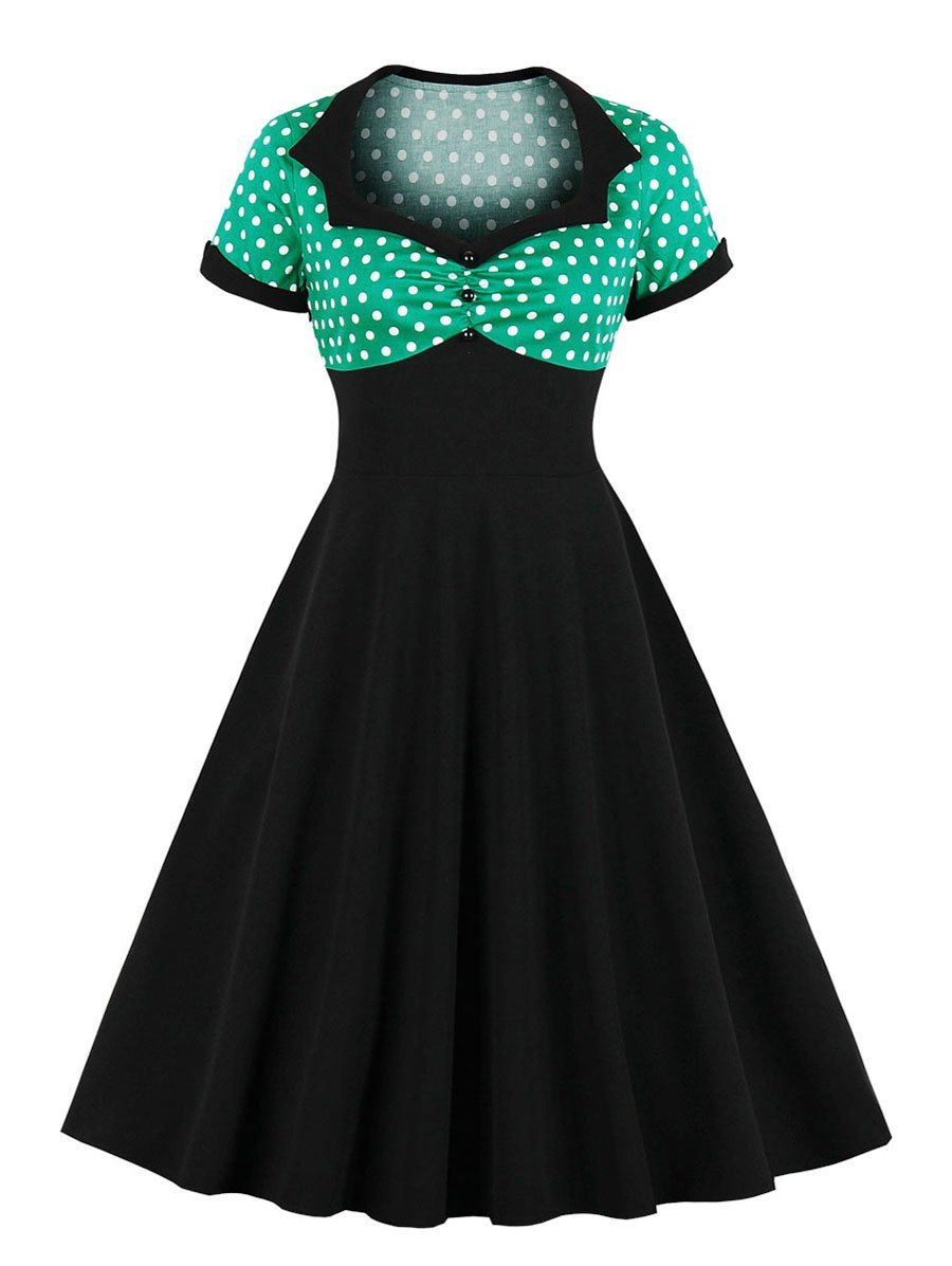 

Sweetheart Neck Polka Dot Cuffed Vintage Dress, Clover green