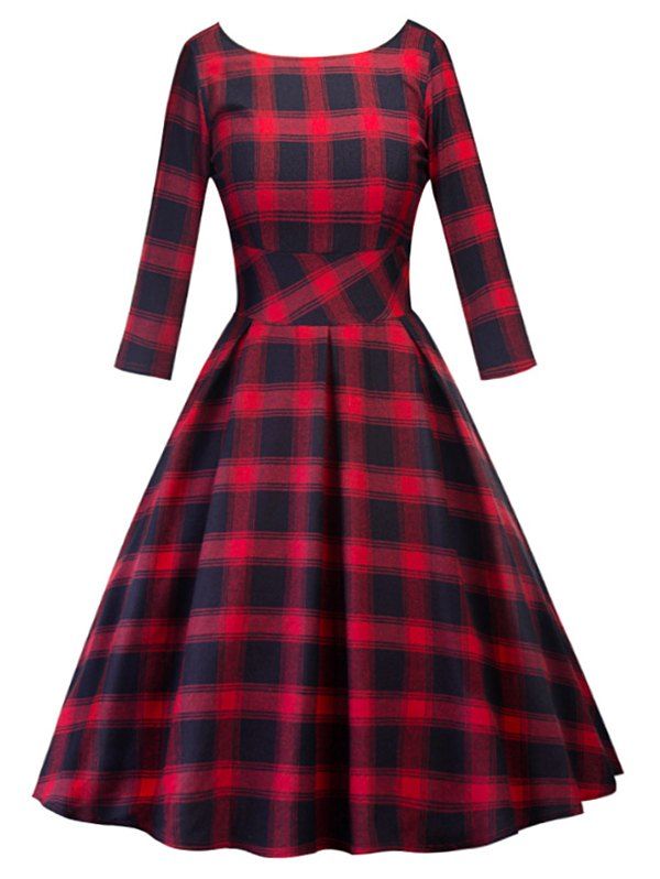 

V Back Plaid Half Sleeve Dress, Red