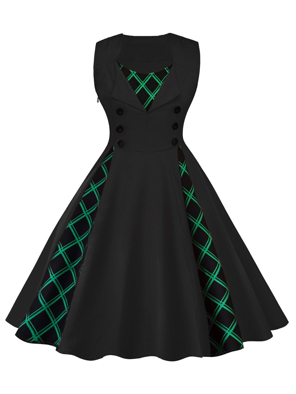 

Grid Mock Button Sleeveless Dress, Black