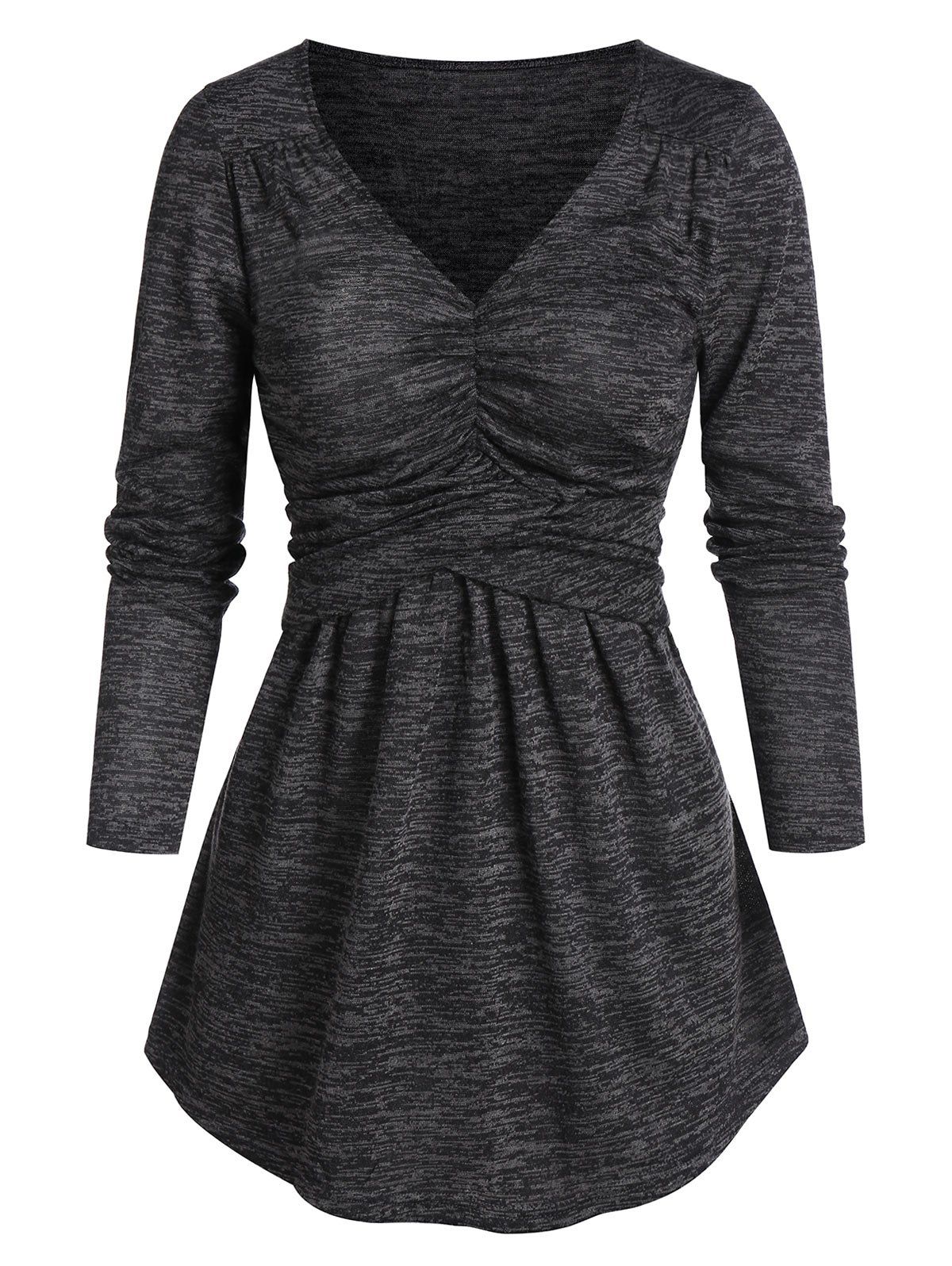 

V Neck Ruched Long Sleeve T Shirt, Ash gray