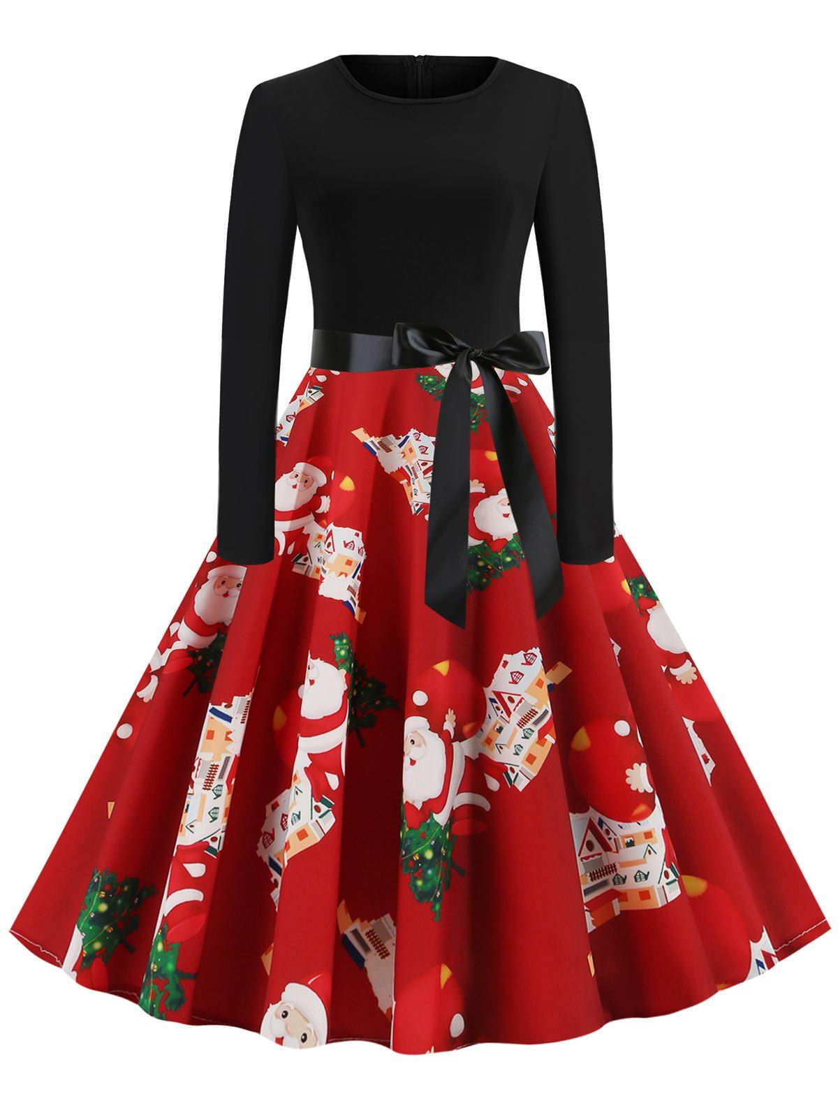 

Christmas Tree Santa Claus Belted Party Dress, Red