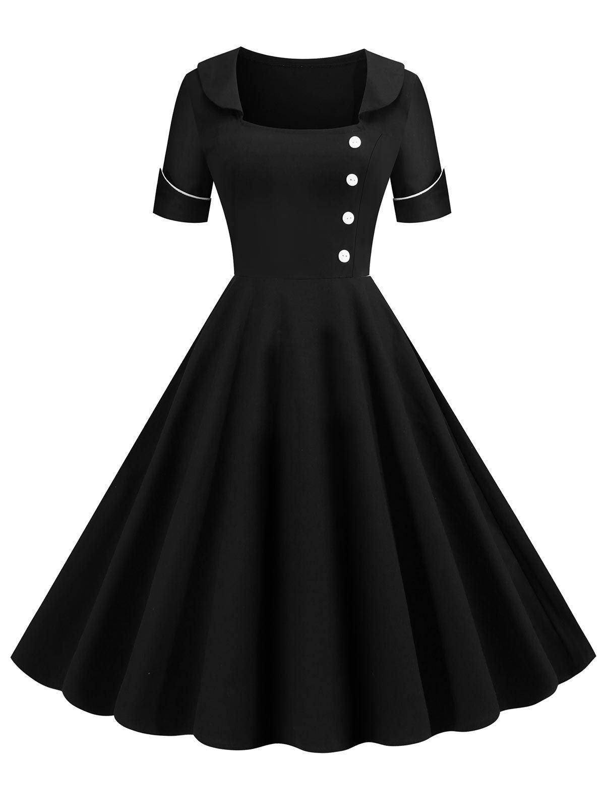 

Low Cut Buttoned Contrast Piping Vintage Dress, Black