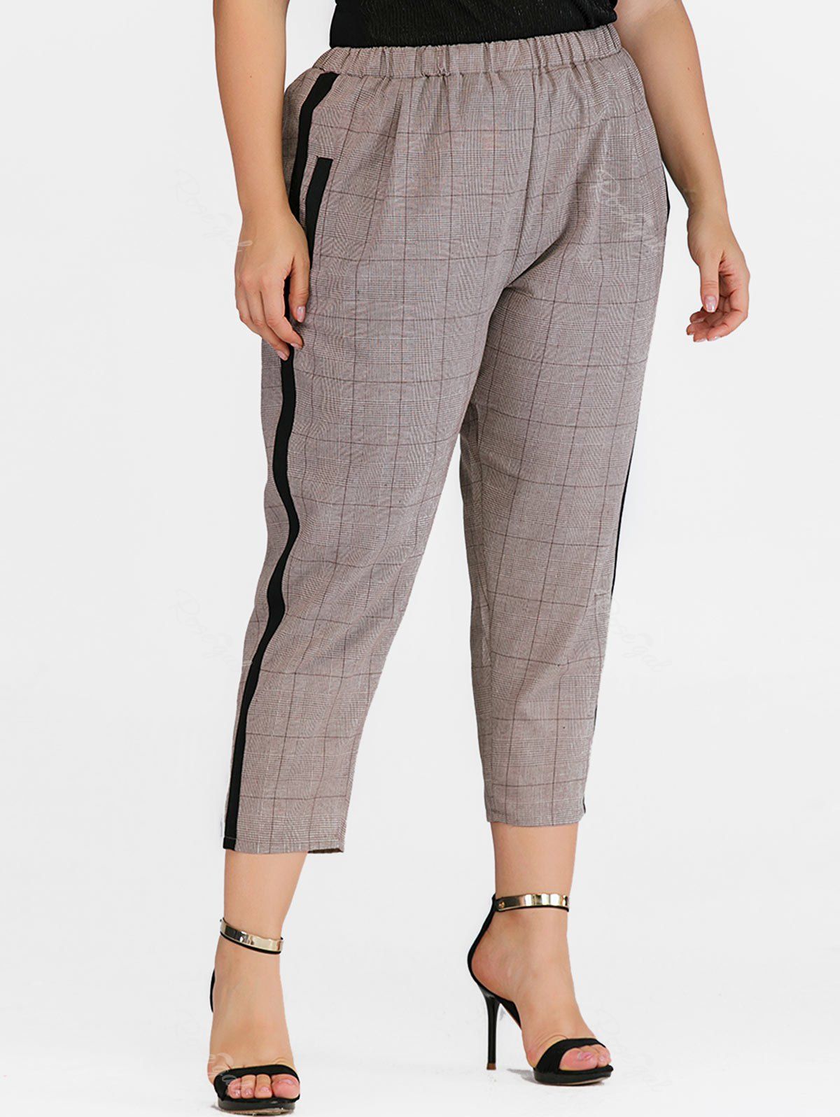 

Contrast Tape Pockets Plaid Plus Size Straight Pants, Khaki