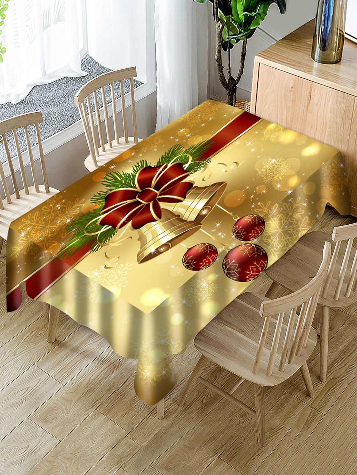 

Christmas Bowknot Bells Balls Print Waterproof Fabric Tablecloth, Multi