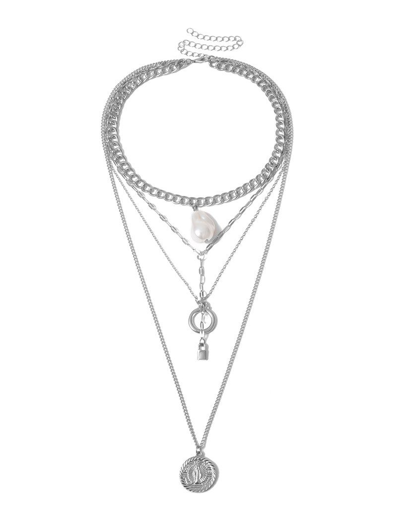 

Multi Layered Lock Faux Pearl Chain Necklace, Silver