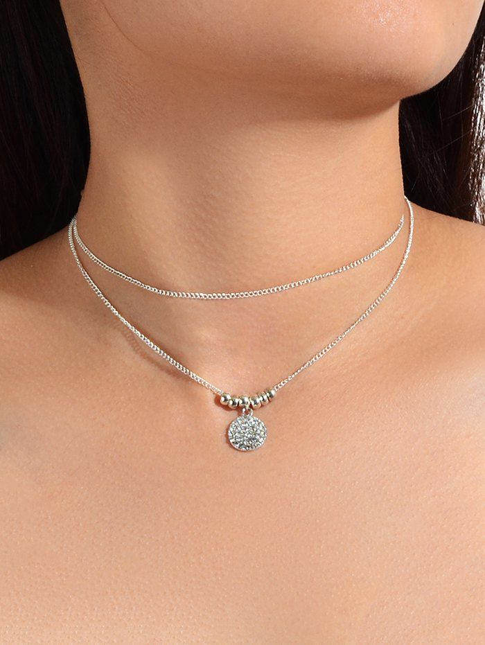 

Double Layer Rhinestone Round Pendant Necklace, Silver