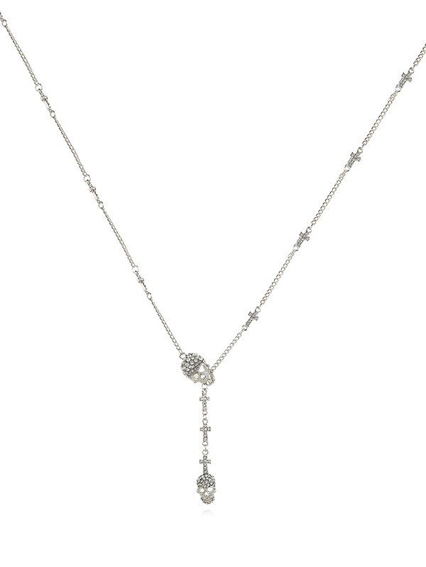 

Cross Skull Rhinestone Pendant Lariat Necklace, Silver