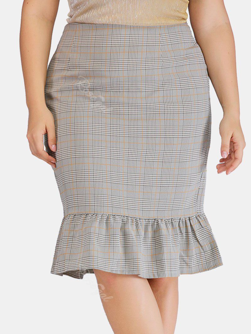 

Back Zipper Flounced Hem Plaid Plus Size Skirt, Light gray