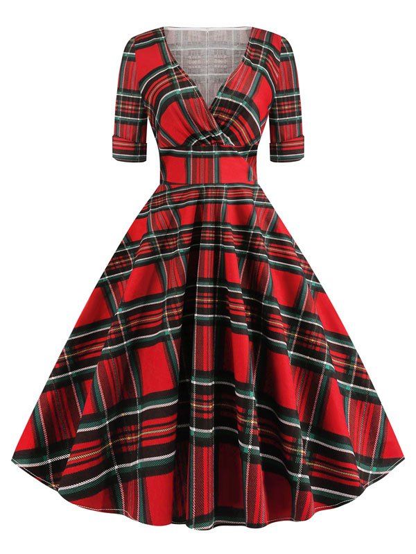 

Plaid Back Zipper Surplice Dress, Red