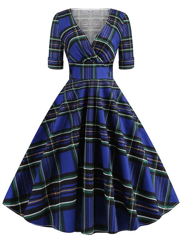 

Plaid Back Zipper Surplice Dress, Blue