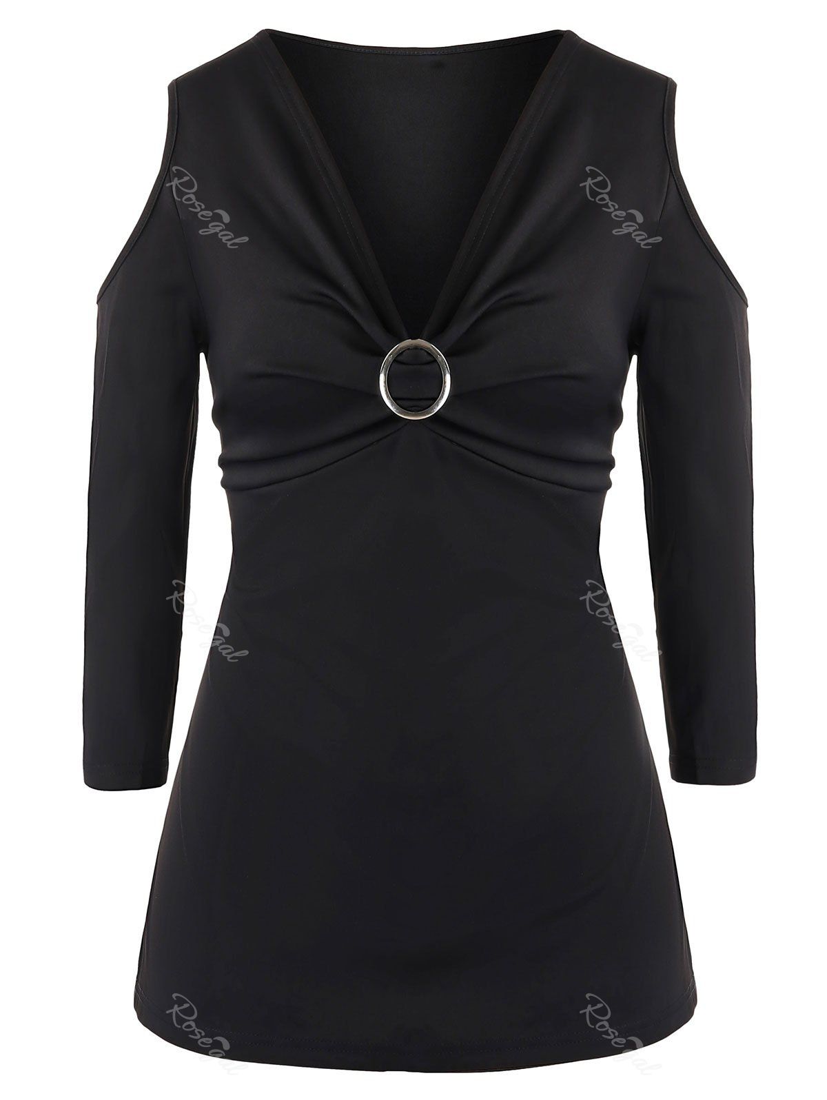 

Plus Size O Ring Ruched Cold Shoulder T Shirt, Black