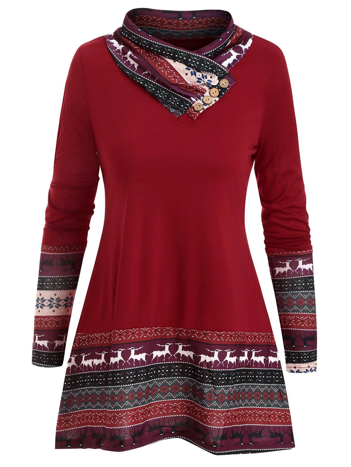 

Reindeer Snowflake Cowl Neck Longline Top, Lava red