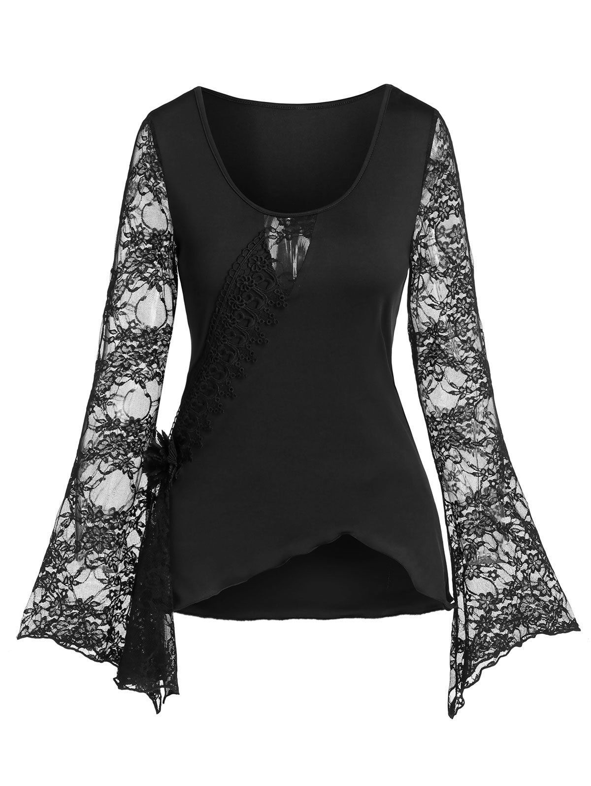 

Lace Panel Keyhole Flare Sleeve T Shirt, Black