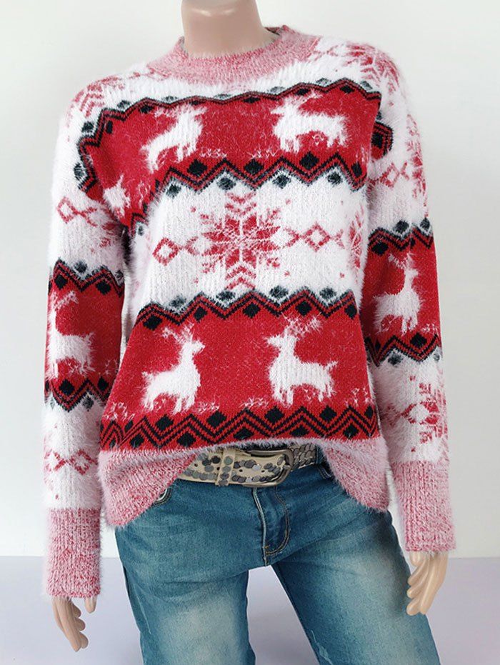 

Fuzzy Elk Snowflake Christmas Crew Neck Sweater, Red