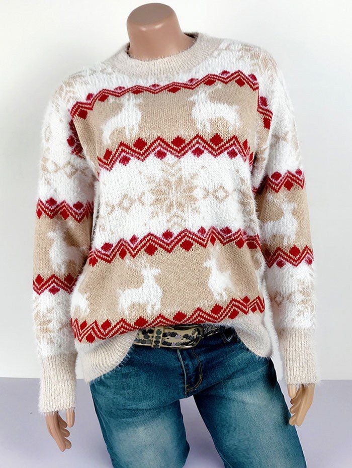 

Fuzzy Elk Snowflake Christmas Crew Neck Sweater, Light khaki