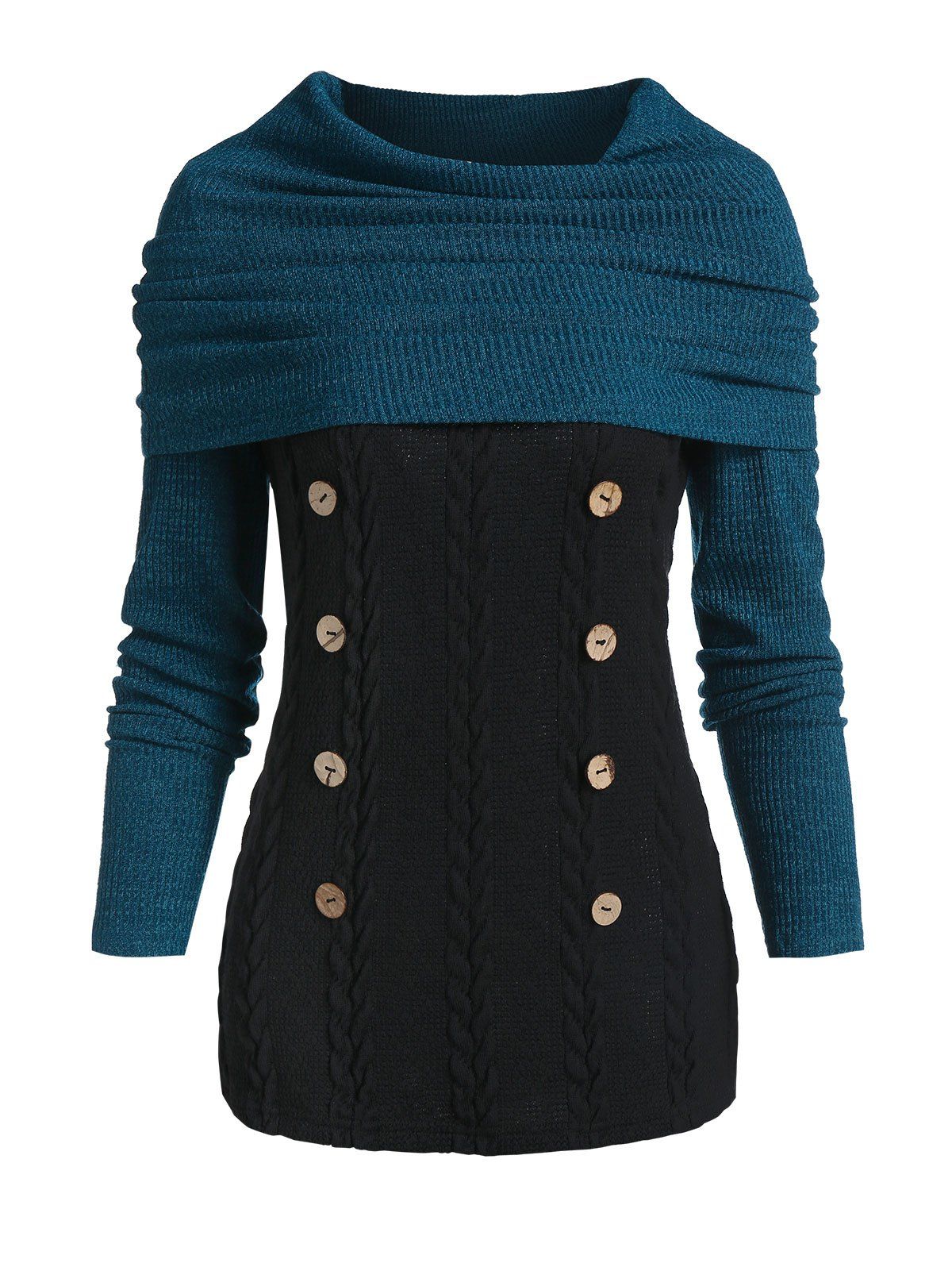 

Convertible Collar Button Cable Knit Sweater, Peacock blue