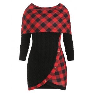 

Plus Size Plaid Convertible Cable Knit Sweater, Black