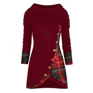 

Plaid Button Embellished Multiway Tulip Hem Knitwear, Red wine