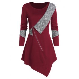 

Contrast Trim Front Zip Asymmetric Sweater, Red wine