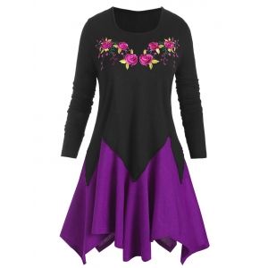

Plus Size Flower Embroidered Colorblock Handkerchief Knitwear, Black
