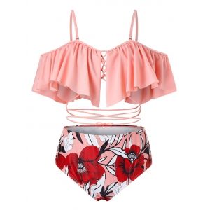 

Plus Size Ruffled Strappy Floral Two Piece Swimsuit, Light pink