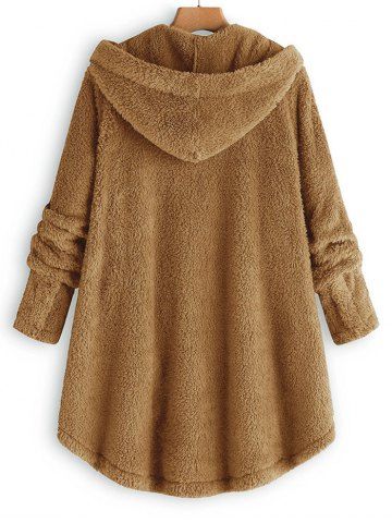 

Plus Size Faux Shearling Buttons Hooded Coat, Caramel