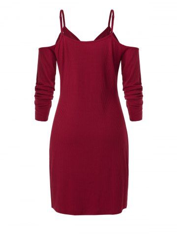

Plus Size Ribbed Twisted Cold Shoulder Low Cut Dress, Red wine