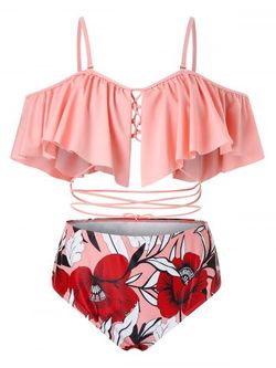 Plus Size Ruffled Strappy Floral Two Piece Swimsuit - LIGHT PINK - 4X