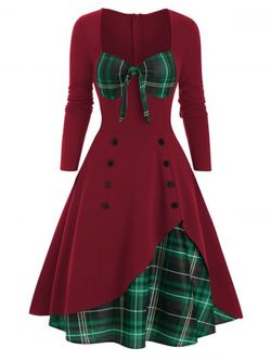 Plaid Button Embellished Bowknot Sweetheart Dress - RED WINE - 3XL