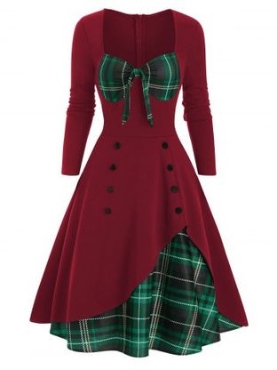 Plaid Button Embellished Bowknot Sweetheart Dress