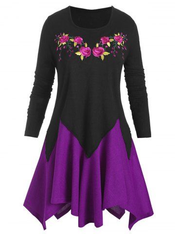 Plus Size Flower Embroidered Colorblock Handkerchief Knitwear