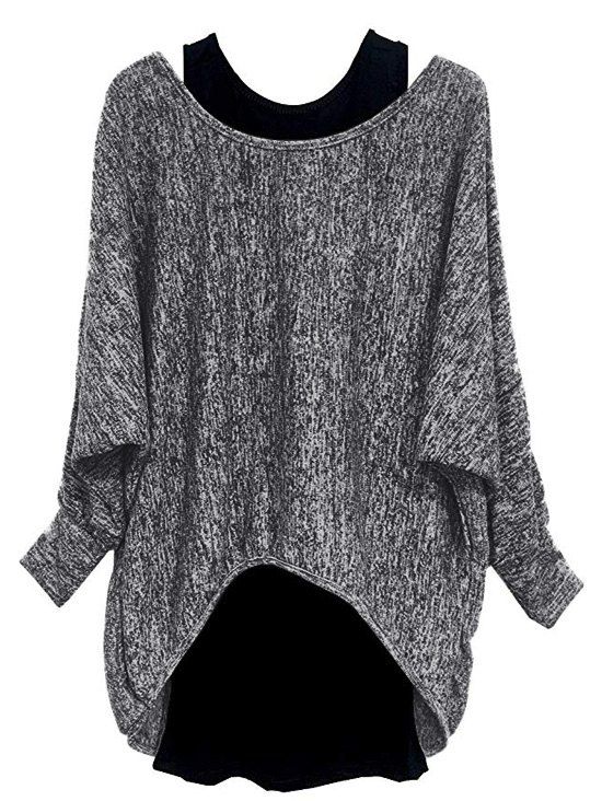

Plus Size Batwing Sleeve Marled High Low Tee And Tank Top Set, Gray cloud