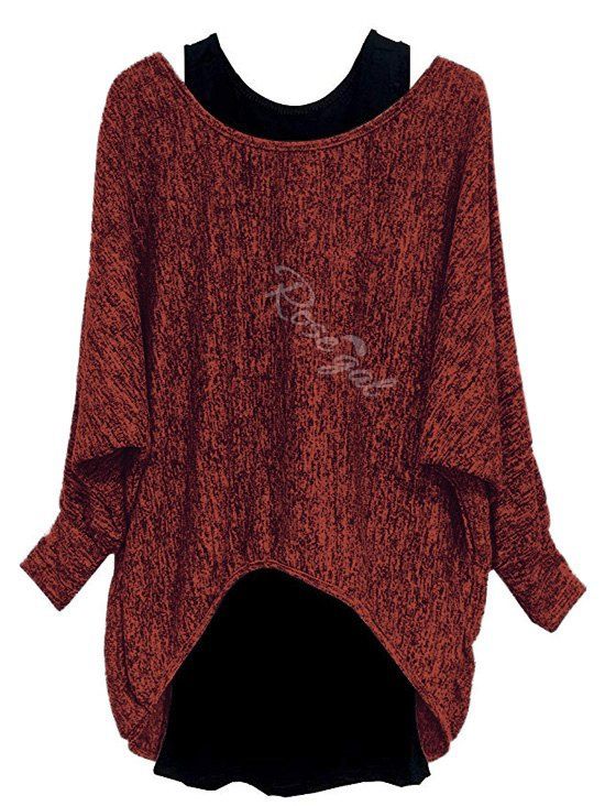 

Plus Size Batwing Sleeve Marled High Low Tee And Tank Top Set, Red wine