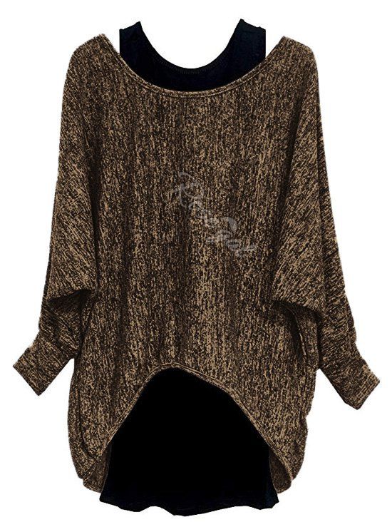 

Plus Size Batwing Sleeve Marled High Low Tee And Tank Top Set, Dark khaki