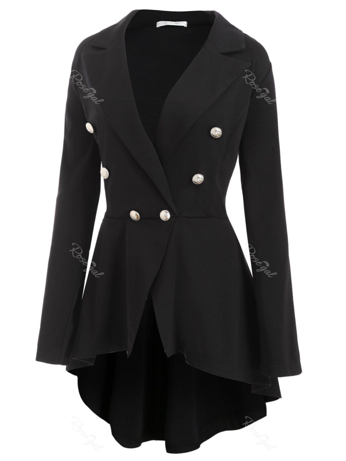 

High Low Buttoned Front Skirted Plus Size Blazer, Black