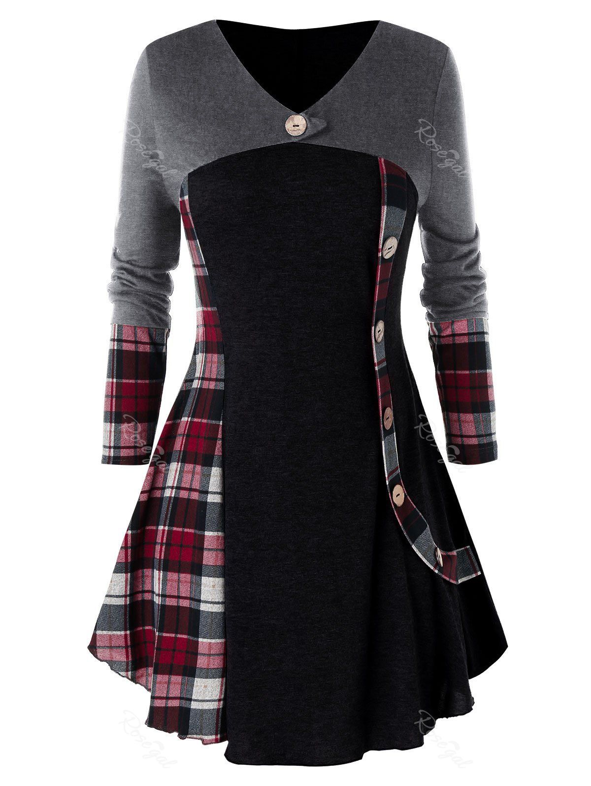 

Plus Size Plaid Long Tunic Tee, Black