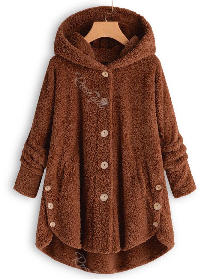 

Plus Size Faux Shearling Buttons Hooded Coat, Brown