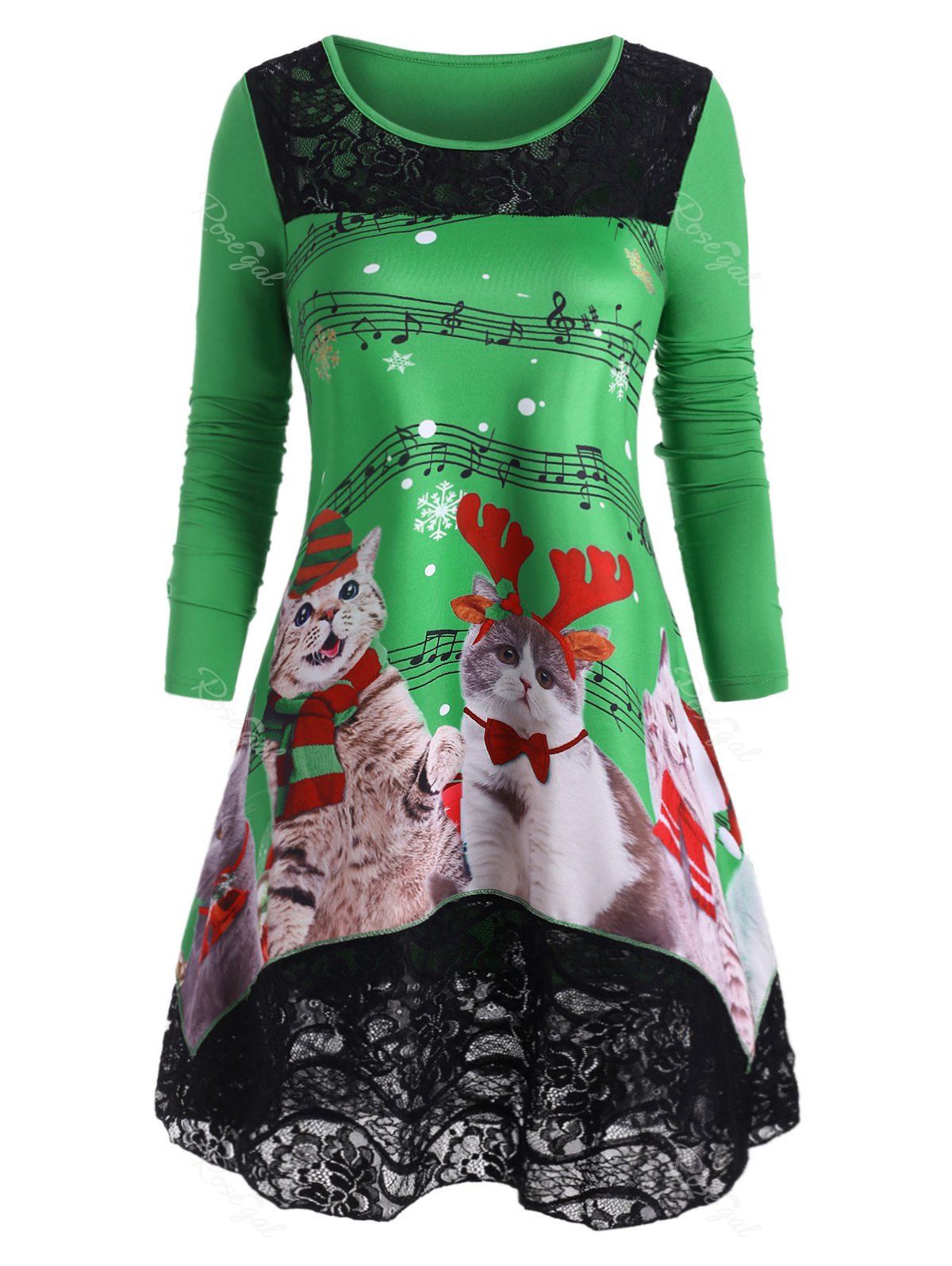 

Plus Size Christmas Lace Panel Cat Print Dress, Green