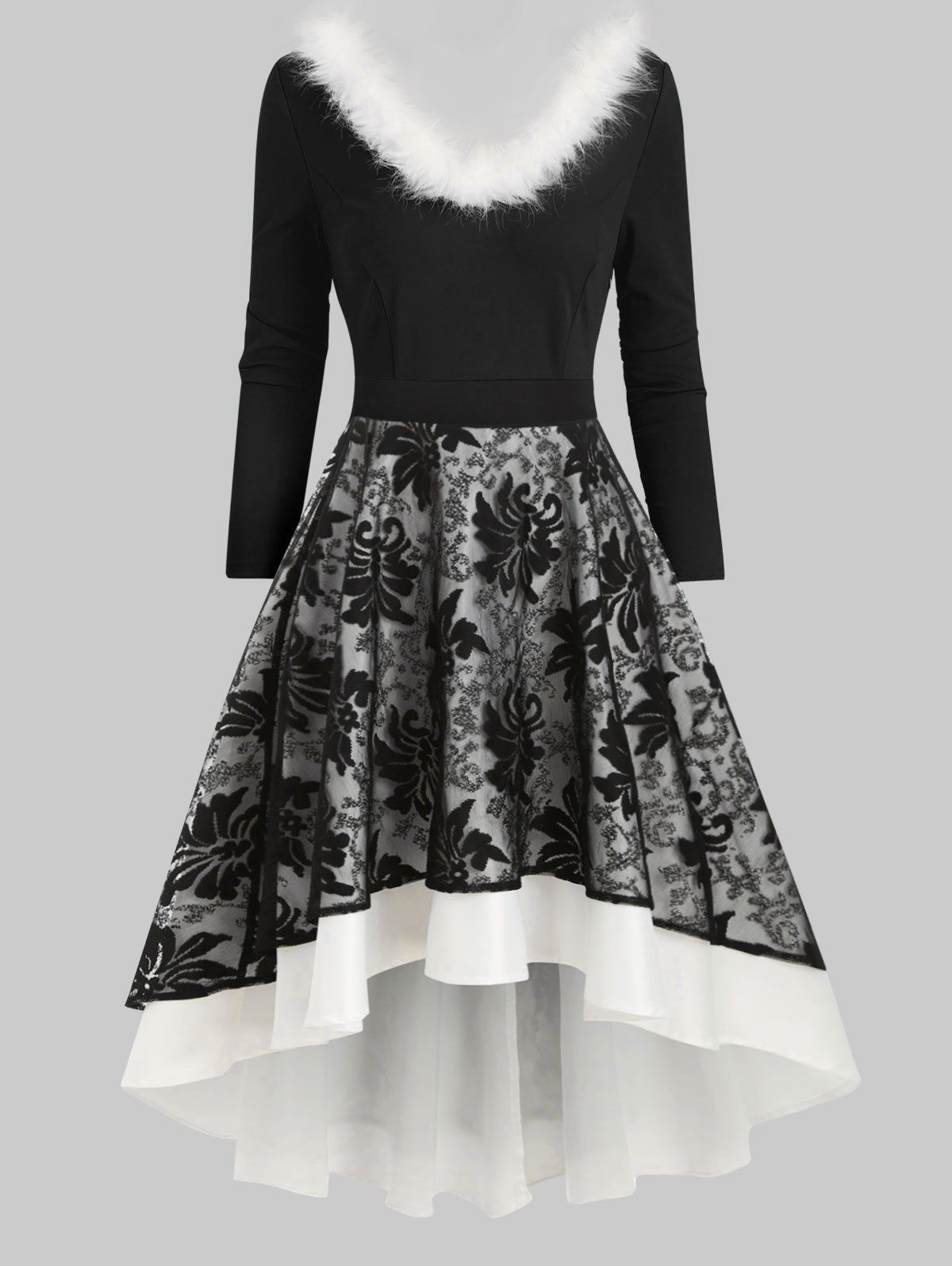 

Faux Fur V Collar Lace Insert Dip Hem Dress, Black