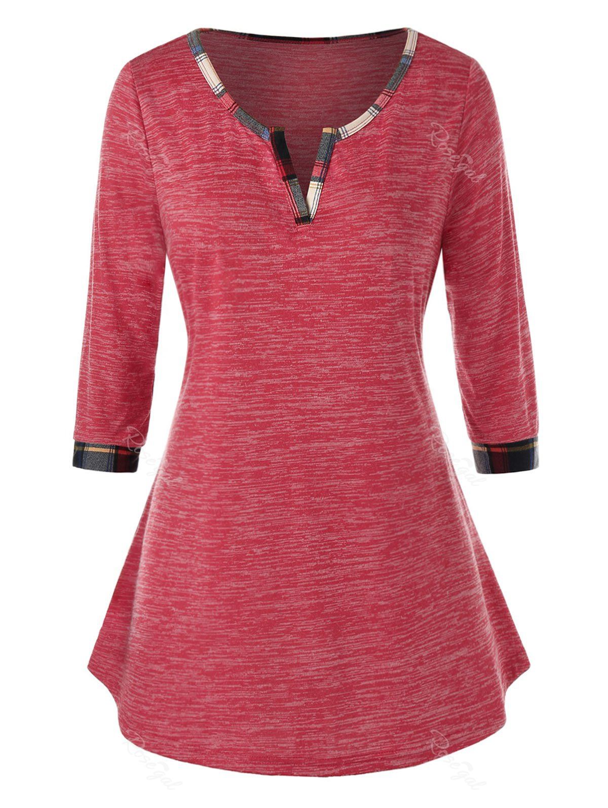 

Plus Size Plaid Splicing V Neck Tee, Light coral