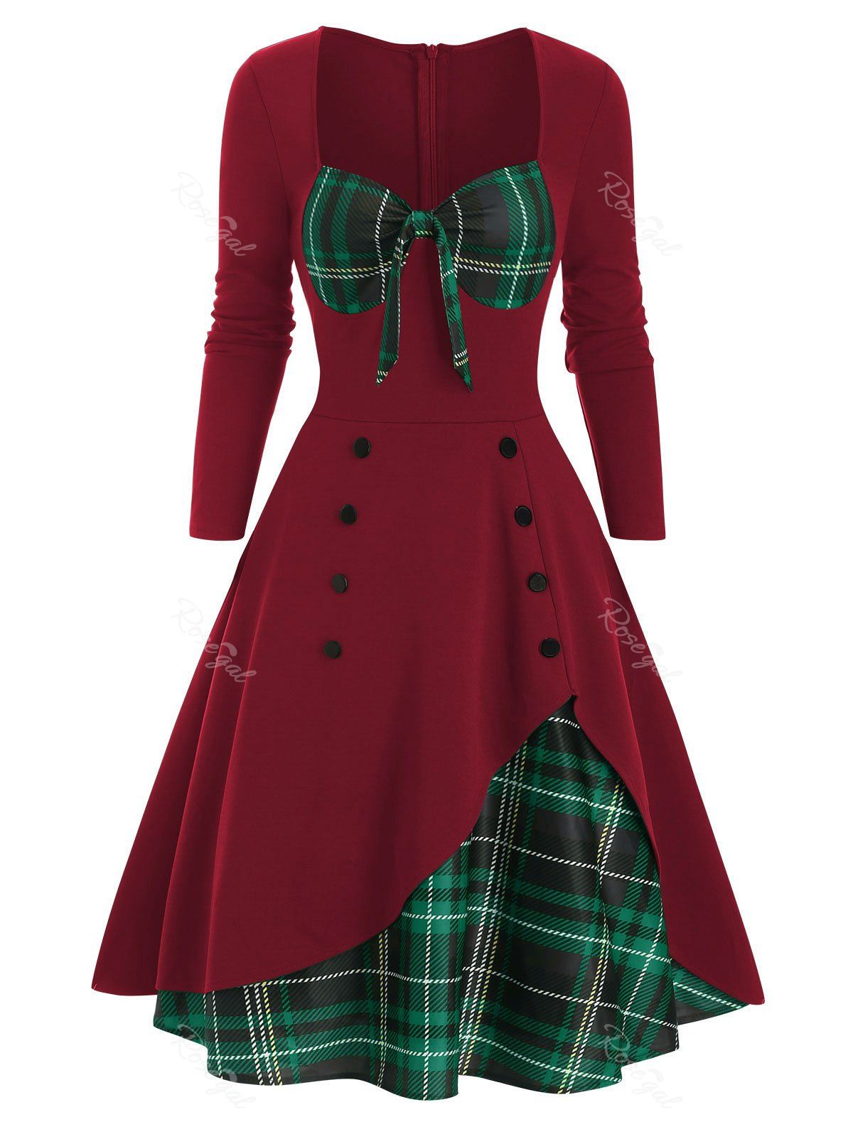 

Plaid Button Embellished Bowknot Sweetheart Dress, Red wine