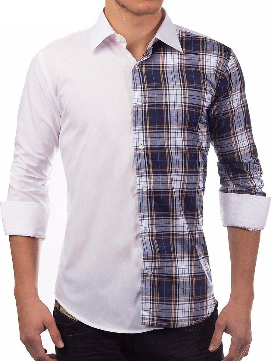 

Plaid Spliced Design Long Sleeves Shirt, Cadetblue