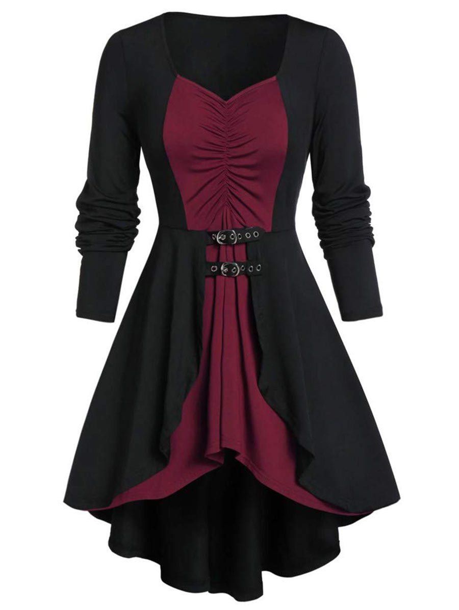 

Buckle Two Tone Dip Hem Lace Up Dress, Red wine