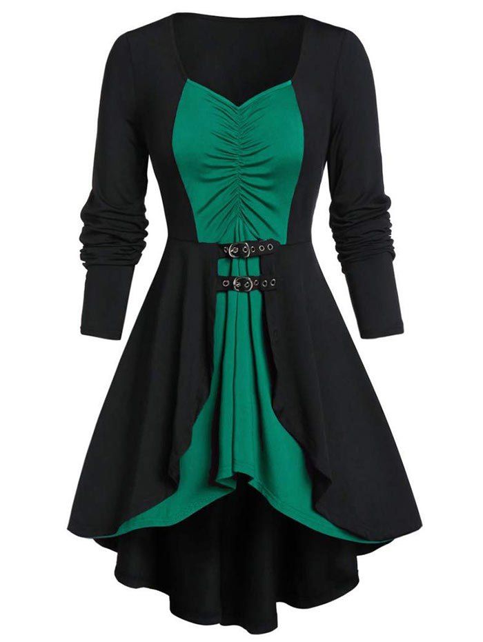 

Buckle Two Tone Dip Hem Lace Up Dress, Sea green